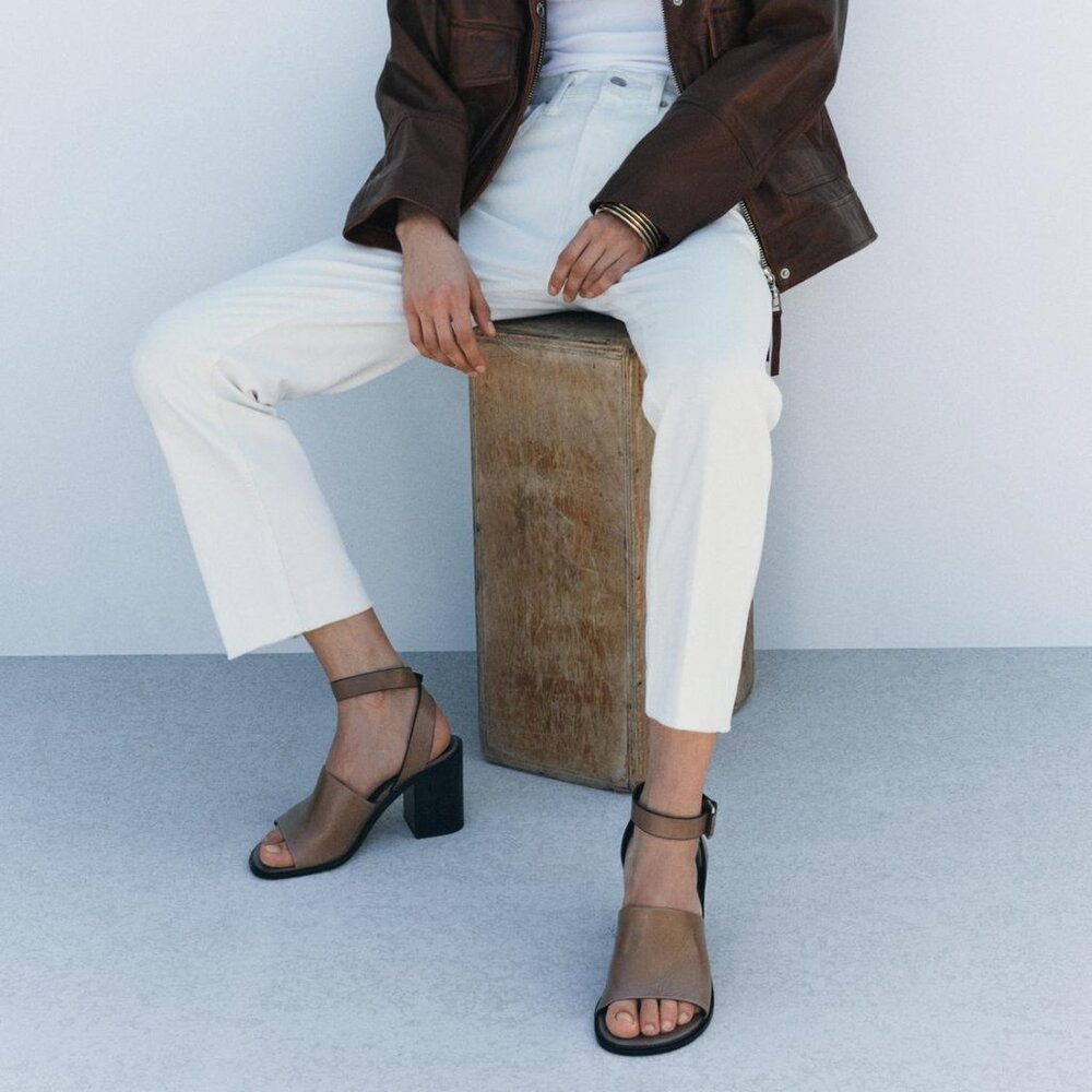 ZARA Chunky Leather High Heel Sandals Taupe Gray Size 10 Block Heel Summer NWT